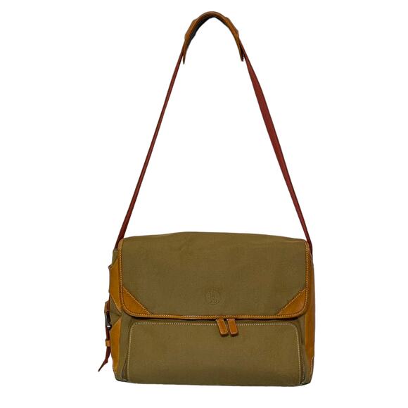 Cole Haan Canvas Leather Large Messenger Bag Green Brown Adjustable Carryall - Picture 1 of 10